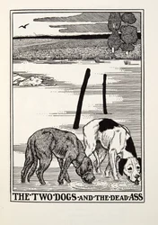 Los dos perros y el asno muerto, de las Fábulas de Fontaine, pub. 1905