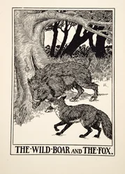 El jabalí y el zorro, de Cien fábulas de Esopo, publicado en 1903