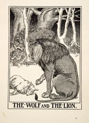 El lobo y el león, de Cien fábulas de Esopo, pub. 1903 (grabado)