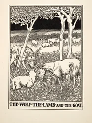 El Lobo, el Cordero y la Cabra, de Cien Fábulas de Esopo, pub.1903 (grabado)