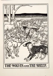 Los lobos y las ovejas, de Cien fábulas de Esopo, pub. 1903 (grabado)