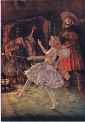En el fondo de la cueva aparecía una pequeña figura de color blanco nublado, de Little Women publicado por Associated Newspapers Limited, c.1940 (litografía en color)