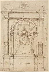 Retablo de la Virgen y el Niño con santos en su entorno arquitectónico