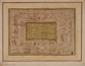 Diseño para un marco de estuco con cariátides, guirnaldas y putti