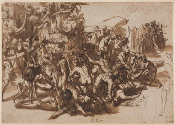 Poros asaltado por el ejército macedonio recto, bocetos de animales verso, c. 1545-1547