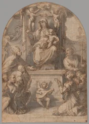 La Virgen entronizada con los santos Gregorio y Santiago, y una familia de donantes