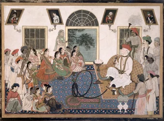 Un europeo, probablemente Sir David Ochterlony (1758-1825), vestido de indio, fumando un narguile y viendo un nautch en su casa en Delhi, c.1820 (tinta y color sobre papel)