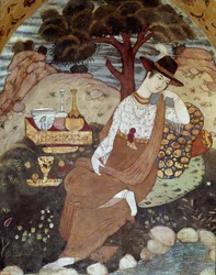Una princesa persa bajo el gobierno de Abbas I, descansando siglo XVII. Fresco del Palacio de las 40 Columnas (Chehel Sotoun) en Isfahan, Irán.