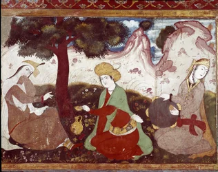 Una princesa persa con sus cortesanas en un jardín del siglo XVII. Fresco del Palacio de las 40 Columnas en Isfahan, Irán