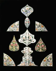 Un grupo de diez pinturas en espejo Qajar, decoradas con varias flores y pájaros posados, principios del siglo XIX
