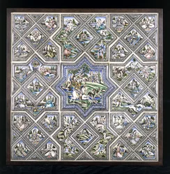 Un panel de azulejos de cerámica, que representa a Bahram Gur cazando y varias otras figuras en una variedad de escenas, finales del siglo XIX
