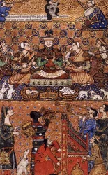 Add 27696 f.13 Gobernante entronizado con asistentes y músicos, escrito en Génova, finales del siglo XIV.