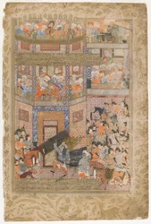 Ali levanta las puertas de Qamus, de un Rawzat al-safa, 1571-72