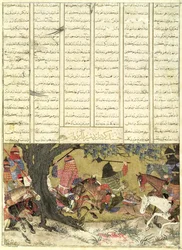 Ardashir Luchando contra Bahman, el Hijo de Ardavan, ilustración del Shahnama (Libro de los Reyes), por Abul-Qasim Manur Firdawsi (c.934-c.1020) 1325-50