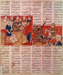 Arte de Irán (Persia): miniatura de un manuscrito del Shah Nqmeh, el rey Bahram Gour mata al gobernante de los Touranianos. Manuscrito de 1341