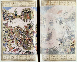 Batalla entre Isfandiyar y Arjasp, ilustración del Shahnama (Libro de los Reyes) de Abul-Qasim Manur Firdawsi