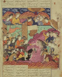 Batalla entre Feradin y Zahaki, ilustración del Shahnama (Libro de los Reyes) de Abul-Qasim Manur Firdawsi (c.934-c.1020) 1619