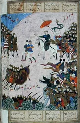 Batalla entre Isfandiyar y Arjasp, ilustración del 