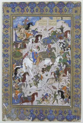 Batalla entre Khusrau y Bahram Chubaina, del poema Layla y Majnun originalmente por Nizami, 1540
