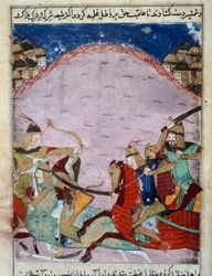 Batalla entre mongoles y georgianos. Los georgianos huyen. Miniatura persa alrededor de 1430. París, B.N.
