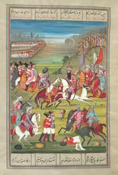 Fath Ali Shah matando a un general ruso, del "Shahinshahnama de Fath Ali Khan Saba".