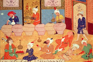 Detalle de un banquete con músicos, de un libro de poemas de Hafiz Shirazi (c.1325-c.1388) 1554