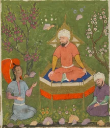 Folio de Ajaib al-Makhluqat (Maravillas de la Creación) de al-Qazwini; recto: Figura con halo entronizada, Qazwin, Irán, c.1590-1600