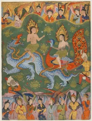 Folio de un Falnama (Libro de los presagios); verso: Expulsión de Adán y Eva, Qazvin, Irán, período Safávida, mediados de los 1550s