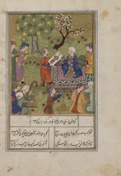 Folio de un Khamsa (Quinteto) de Nizami; Shirin examina el retrato de Khusraw, Irán, c.1500