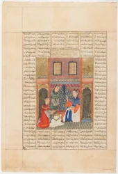 Folio de un Shahnama (Libro de los Reyes) de Firdawsi; Recto: Sandukht se entera de las acciones de Rudaba, Tabriz, Irán, período Il-Khanid, c.1330-40