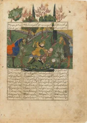 Folio de un Shahnama (Libro de los Reyes) de Firdawsi; verso: Suhrab en combate con Rustam, Irán, c.1440
