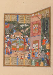 Folio de un Shahnama (Libro de los Reyes) de Firdawsi; verso: Los enviados de Salm y Tur ante Faridun, Shiraz, Irán, período Saravid, c.1560