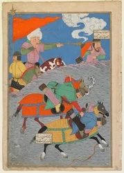 Folio de un Shahnama (Libro de los Reyes) de Firdawsi; recto: Batalla entre Zanga y Awkhast; Gilan, Irán, período turcomano, 1493-1494