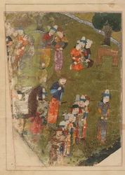Folio de un Zafarnama; recto: Timur concede una audiencia con motivo de su ascenso al trono en Balkh; verso: texto, Shiraz, Irán, período Timúrida, 1436