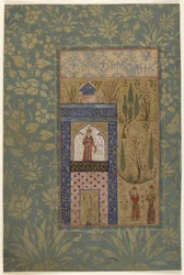 Folio de una Antología; Dos jóvenes ante una princesa en una ventana, Irán, 1417-18