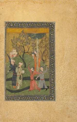 Folio de un texto no identificado; Un príncipe y una princesa rodeados de cortesanos en un jardín, Irán, período turcomano, c.1480