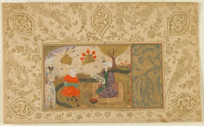 Folio de un texto no identificado; Una mujer conversa con un hombre sentado junto a un arroyo, Irán, c.1500