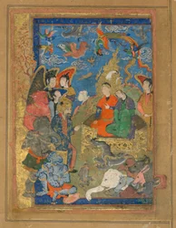 Folio de un texto no identificado; Sulayman y Bilqis entronizados, Isfahan, Irán, período Safavid, c.1590-1600