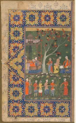 Folio de un texto no identificado; recto: Una fiesta en un jardín, Shiraz, Irán, c.1570