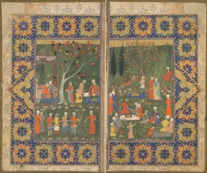 Folio de un texto no identificado; verso: Una fiesta en un jardín, Shiraz, Irán, c.1570