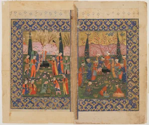 Folio de un texto no identificado; verso: Sulayman entronizado, Shiraz, Irán, c.1560-70
