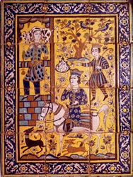 Gulendam es perdonada por un comentario torpe que hizo a Vahram V Gour (Evening-primrose) (o Bahram Gur o Gor), rey sasánida de Persia, llevando un buey en su hombro. Panel de placas de revestimiento de mosaico que representa un episodio del Shahnameh