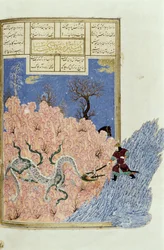 Gushtasp matando al dragón, ilustración del Shahnama (Libro de los Reyes) de Abul-Qasim Manur Firdawsi