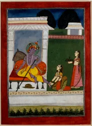 Hinduismo: “Krishna descansando”. Un sirviente le masajea los pies. Miniatura persa de la escuela india del siglo XVII. Rennes, Museo de Bellas Artes