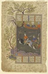 Kay Khusraw, Farangis y Giv cruzan el Jayhun de un Shahnama (Libro de los reyes), c.1590-1600 (tinta, acuarela opaca y oro sobre papel)