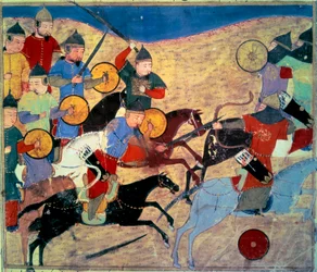 Fuga de Noqai (Kara Nogai Khan, bisnieto de Genghis Khan, murió en 1299). Jinetes mongoles. Manuscrito persa pintado “Sum of Stories (Djame al-tavarikh)” (Folio 155v), escrito por Rachid al-Din Fazl