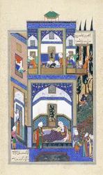 Mihrab escucha la locura de Rudabeh, c.1500-1540s