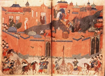 Ms.Sup.Pers.1113.f.180v-181 Asalto y toma de Bagdad por los mongoles de Hulagu Khan en 1258, extraído de un libro de Rashid al-Din (1247-1318) (vitela)