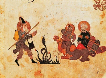 Ms Ar 3929 f.69, Abu Zayd deja a al-Harith durante la Peregrinación al norte de Irak, de Al Maqamat, (Las Reuniones), ilustrado por Hariri, segundo cuarto del siglo XIII (gouache sobre vitela)