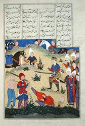 Ms D-184 fol.208b La decapitación del sueño de Afrasiab se hace realidad, ilustración del "Shahnama" (Libro de los Reyes), de Abu